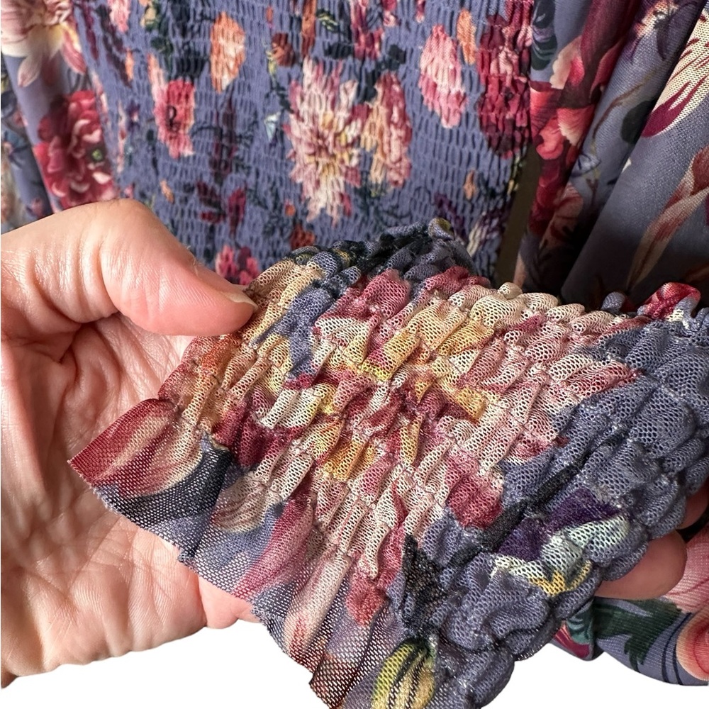 Anthropologie Rouen Smocked Mesh Top Size Medium Purple Floral Cropped - Picture 10 of 13